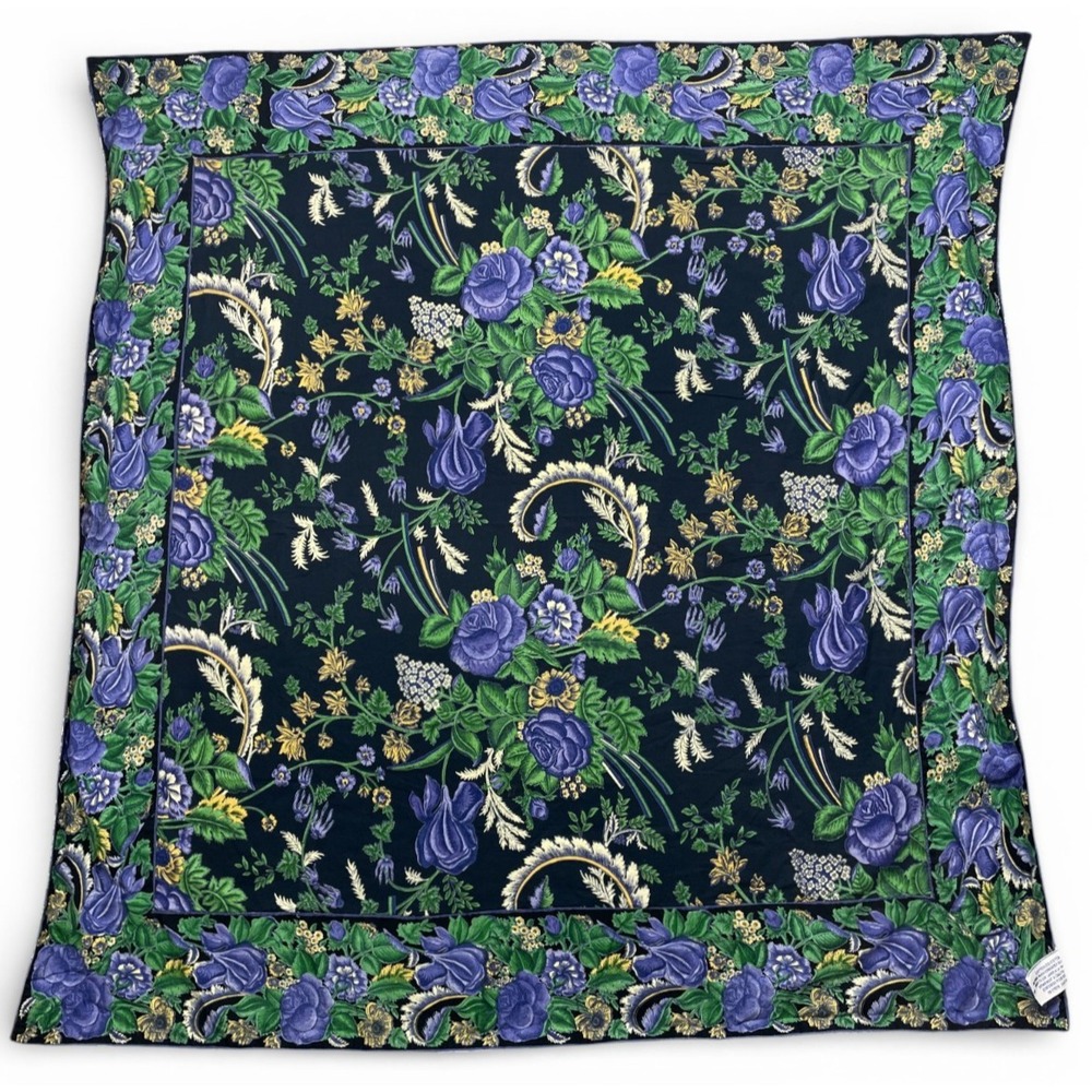Vintage April Cornell Floral Tablecloth Black Purple Green 47x48
